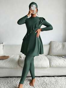 WaveBikini Burkini Modest Swimsuit UPF Sun Protection Ruffle Long Sleeve Solid Green Swim Set With Hijab For Women Beach Swimming - Dark Green - View 1