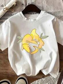 1 pieza de camiseta de manga corta con estampado de tiburón y limón de dibujos animados, cuello redondo, estilo casual, adecuada para primavera y verano, clásica y sencilla, moderna y versát - Blanco - Ver 1
