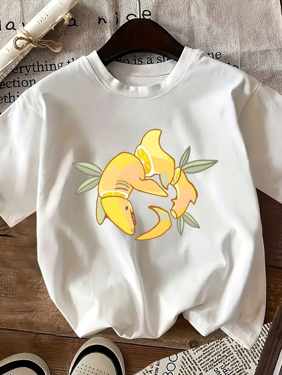1 pieza de camiseta de manga corta con estampado de tiburón y limón de dibujos animados, cuello redondo, estilo casual, adecuada para primavera y verano, clásica y sencilla, moderna y versát - Blanco - Ver 1