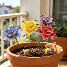 4 PIEZAS Comederos de cerámica multicolor hechos a mano, estacas decorativas para jardín al aire libre, bebederos para abejas con forma de flor, comederos para pájaros, abejas y mariposas - 4 piezas - Ver 6