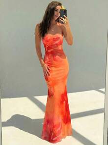 Elegant Women's Dress With Floral Print And Open Back, Summer Clothes, Beach Outfits For Women, Beach Vacation Clothes, Party Outfits, Bridesmaids - 珊瑚橙 - 查看 7
