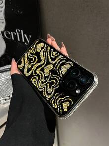 1pc Luxury Super Shiny Rhinestone Digital Phone Case, Heart-Shaped Phone Case, Mirror Decor Phone Case, Shockproof Phone Case, Compatible With IPhone 12/13/14/15/16/17 Series, Thanksgiving And Valentine's Day Surprise - Gold - View 3