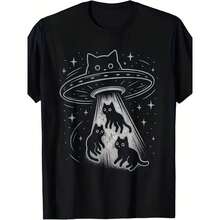 ato OVNI, Gatito Adorable, Nave Espacial, Alienígena, Estética |   Camiseta Casual de Manga Corta para Hombre, Ajuste Cómodo, Estampado Divertido, Cuello Redondo, Uso en Todas las Temporadas - Blanco - Ver 1