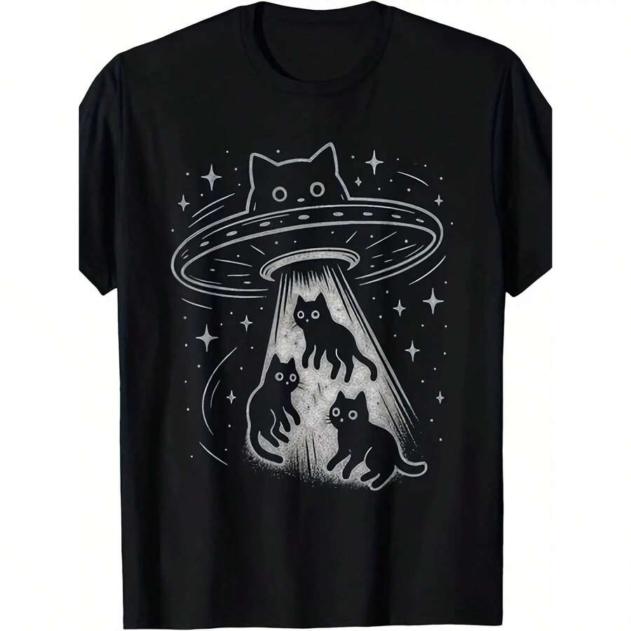 ato OVNI, Gatito Adorable, Nave Espacial, Alienígena, Estética | Camiseta Casual de Manga Corta para Hombre, Ajuste Cómodo, Estampado Divertido, Cuello Redondo, Uso en Todas las Temporadas - Blanco - Ver 1