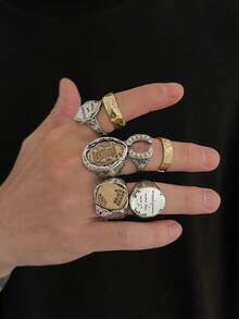 7pcs Vintage Dual-Tone Stamp Ring Set, Engraved Text Design, Asymmetrical Chunky Stackable Rings, Unisex, Gothic And Y2K Style Jewelry - Multicolor - View 3