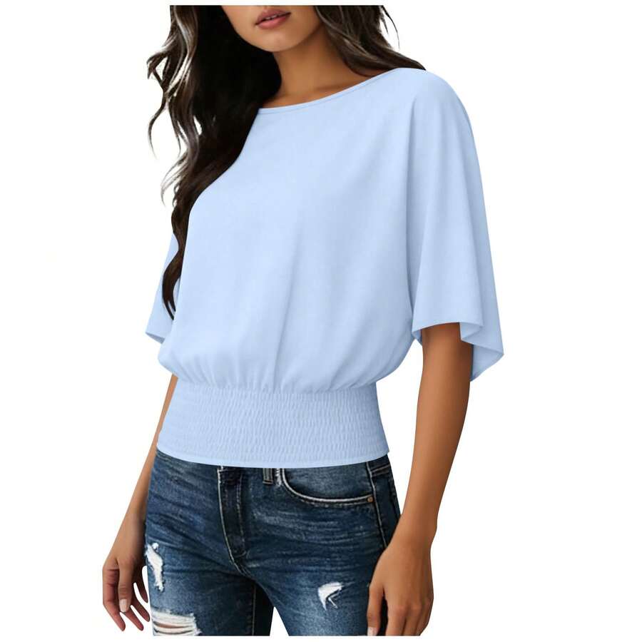 Camiseta holgada de color sólido para mujer, cuello redondo fruncido, manga corta, top básico casual, suave y versátil para uso diario. - azul claro - Ver 1