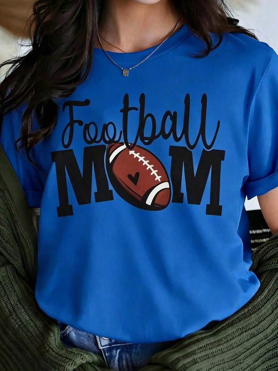 Women's Casual Blouses: White T-Shirt With "Football MOM" Graphic And Heart Detail, Short Sleeve American Football Sports Shirt, Game Day Top, Casual Blouse - 藍色 - 查看 1