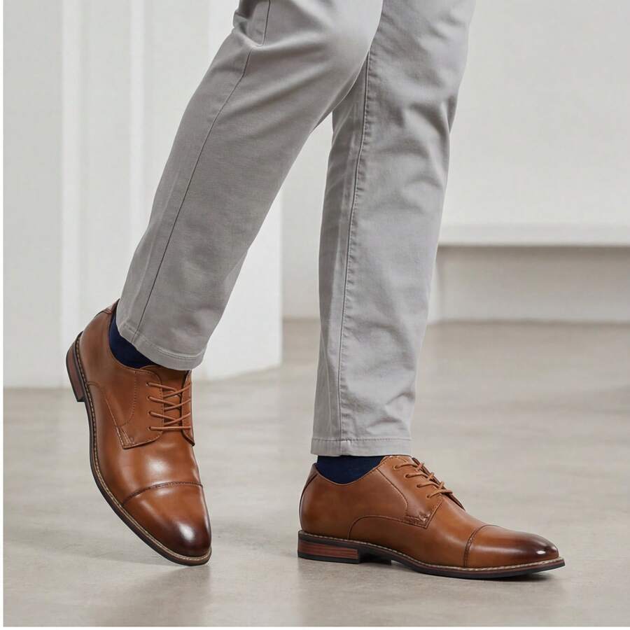 Men's Dress Shoes, Commuter Business Shoes, Retro Comfortable Rubber Sole, Classic Derby Shoes - Brown - View 1