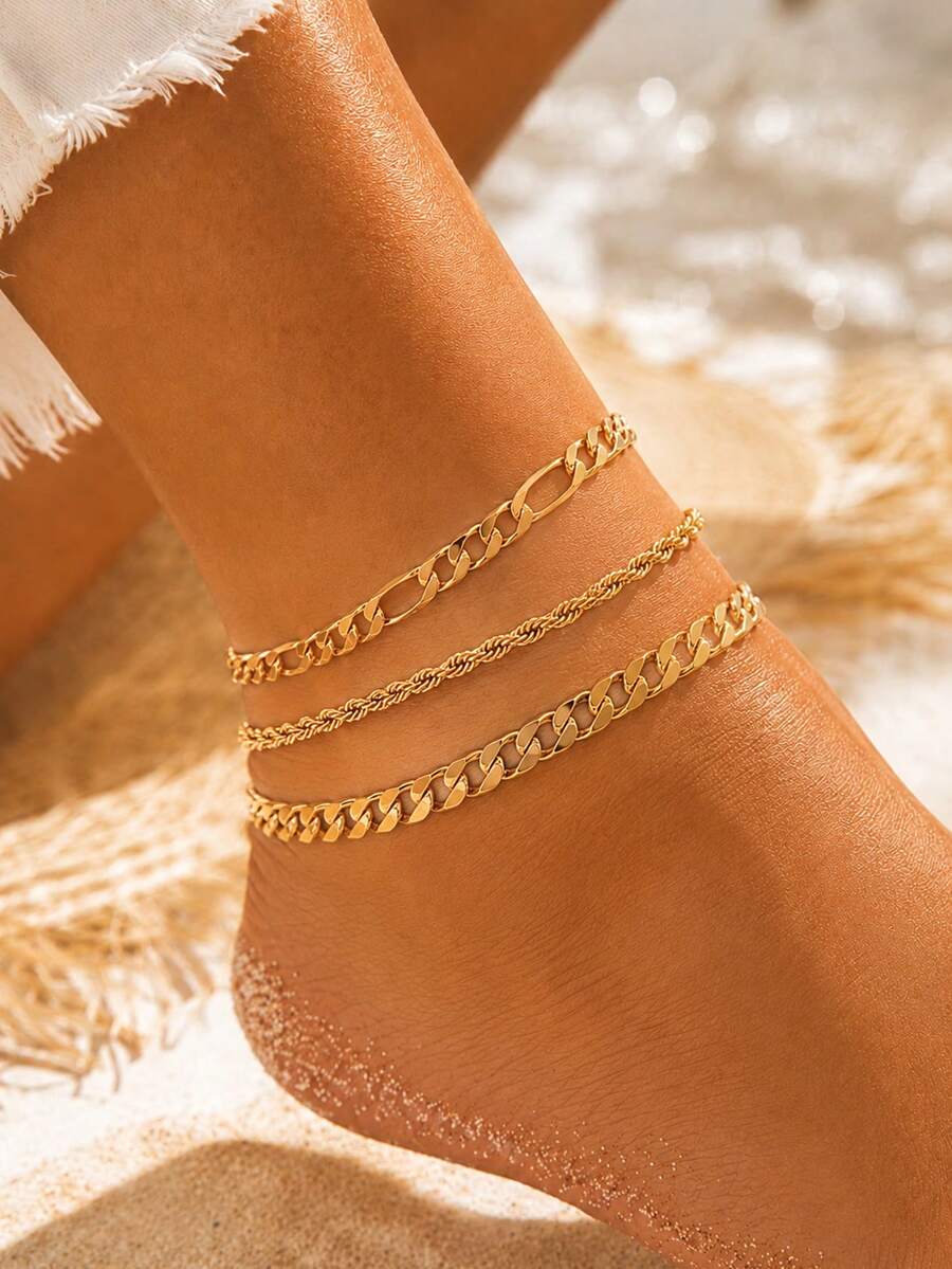 3pcs/Set Gold Multilayer Chain Unique Design Anklet, Beach & Street Style, Suitable For Women's Daily Wear, Great Gift For Female Friends - Gold - View 1