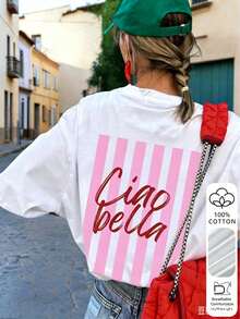 T-shirt estiva da donna in 100% cotone, stampa vintage con cartoni animati inglesi, maniche corte, scollo rotondo, stampa sul retro e mini logo frontale, stile casual da strada. - Bianco - Visualizzare 1