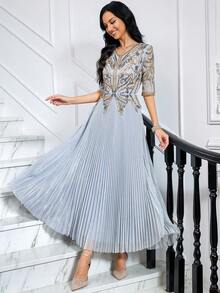 JINLICX Luxury Dusty Blue Gold Rhinestone Beaded V‑Neck Pleated Banquet Evening Gown - Silver - View 3