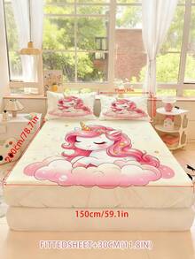 2/3PCS Cute Pink Unicorn Bedding Set For Girls Kids, Cartoon Unicorn On Cloud Print Fitted Sheet & Pillowcases, Magical Fantasy Themed Bed Set For Children, Teenagers, Adults, Boys And Girls Bedroom (Twin/Full/Queen/King Size) - Multicolor - View 10