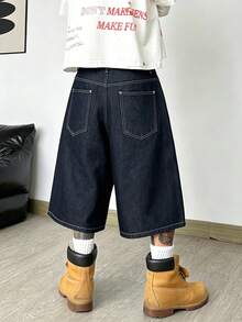 1pc Justice Brother Korean Streetwear Graphic Print Black Denim Casual Loose Fit Shorts, Mid-Length (Belt And Accessories Not Included) - Black - View 3