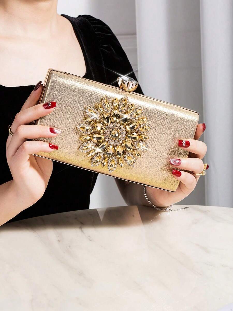 Elegant And Stylish Women's Evening Bag In European And American Style, Clutch Bag With Crystal-Encrusted Sunflower Design, Party Handbag, Versatile Bag - 玫瑰金 - 查看 1