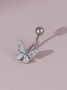 1pc Exquisite Butterfly Pierced Navel Ring With Inlaid Cubic Zirconia, Suitable For Women's Daily Wear, Dating, Party, Gathering - Silver - View 5