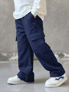 1pc Young BoyAll-Match Solid Color Comfortable Simple Versatile Cargo Pants - Navy Blue - View 5