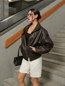 Vintage Oversized High Neck Faux Leather Women's Jacket, Asymmetrical Button Long Sleeve PU Leather Biker Jacket, Casual Street Style Autumn/Winter Outerwear - Brown - View 6