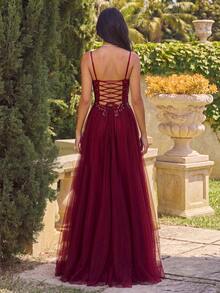 ADYCE Elegant Spaghetti Strap Cinched Waist Backless Fitted Sequin High Slit Mesh Bridesmaid Dress, Prom Dress, Homecoming, Wedding Guest, Holiday Party - Burgundy - View 2