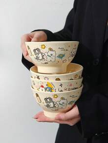 1pc/2pcs Cute Creamy Color Cartoon Goodnight Puppy Print Ceramic Bowl, Ins Korean Style Healing Cute Girl Heart Rice Bowl, Home Glazed Underglaze Tableware, Single Person Rice Yogurt Cereal Fruit Salad Bowl, Student Dorm Rice Bowl, Cute Girl Heart Daily Home Gift Tableware - Multicolor - View 4