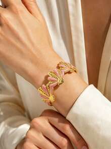 VceTd 1 pezzo Braccialetto elegante in acciaio inossidabile da donna con design asimmetrico a foglia in smalto a goccia, adatto per essere indossato durante vacanze al mare, viaggi o shopping - Oro giallo - Visualizzare 2