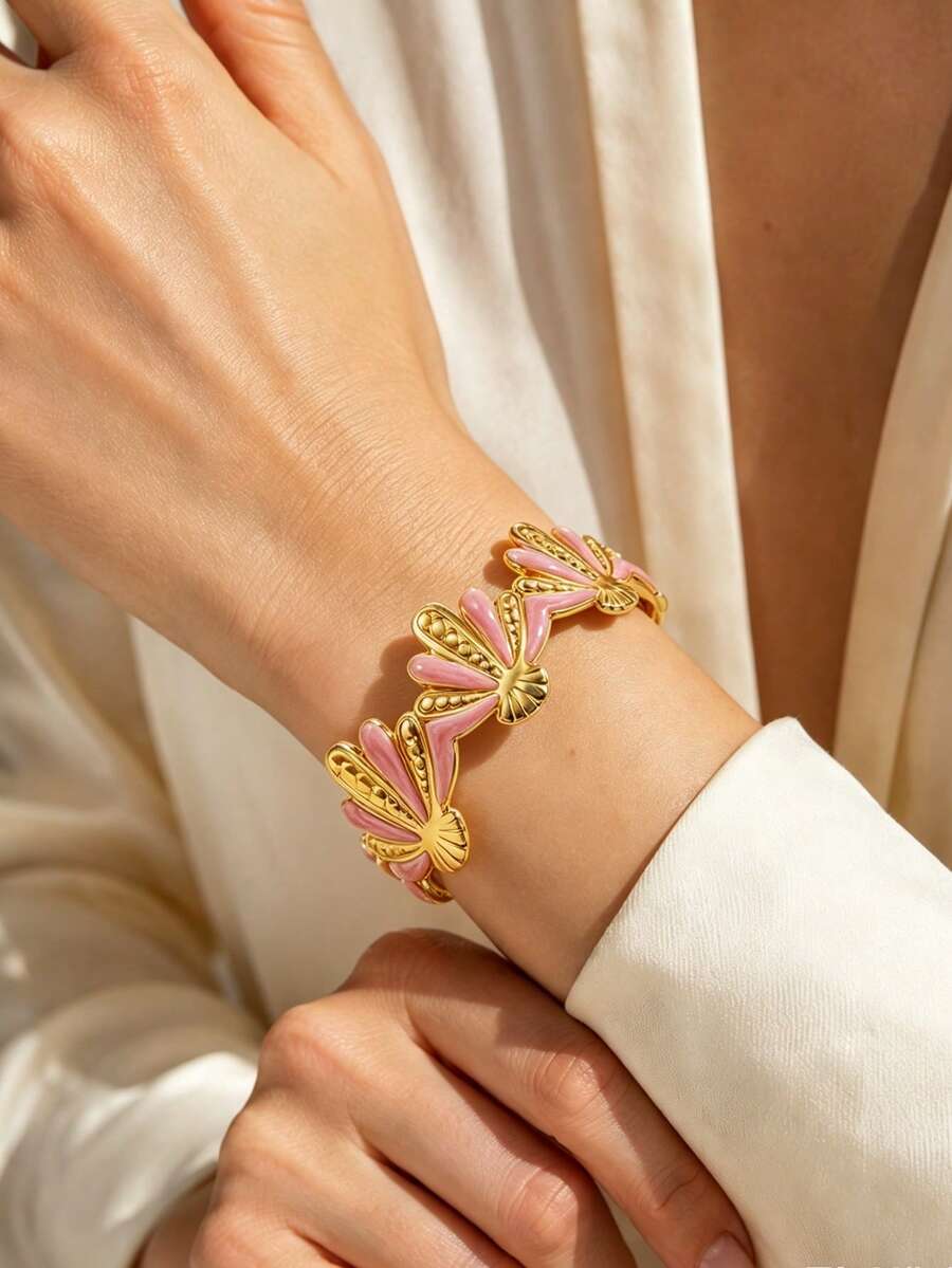 VceTd 1 pezzo Braccialetto elegante in acciaio inossidabile da donna con design asimmetrico a foglia in smalto a goccia, adatto per essere indossato durante vacanze al mare, viaggi o shopping