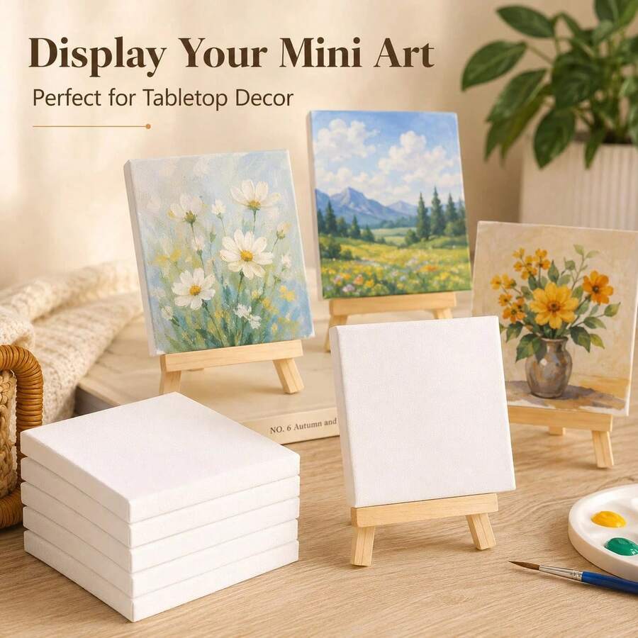 3/1sets Canvas And Easel Combination Set, Mini Artist Canvas Panel Easel Set, Suitable For Painting, DIY Projects And Handmade Gifts, Desktop Wooden Easel With Oil Painting Frame Canvas, Children's Painting 10*10 Mini Small Frame Small Painting Board Set - A - View 1
