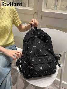 燈芯絨菱格紋蝴蝶結印花後背包 側邊緞帶 多口袋設計 青少女適用 學校旅行 全季節 (開學季後背包) - 黑色 - 查看 10