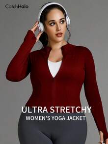Plus Size Women Full Zip Sports Jacket, Solid Color Slim Fit High Elasticity With Thumb Hole, Suitable For Commuting, Yoga, All-Day Wear - Red - View 9