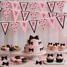 12 Peças Bandeira de Laço Coquette Rosa e Preto, 12 Peças Guirlanda de Bandeiras Triangulares com Estampa de Laço e Estrela, Bandeiras de Pennant Vintage Pré-Montadas para Aniversário de Meninas, Chá de Bebê, Chá de Panela, Bandeira de Laço Vintage, Decoração de Parede - Laço preto e rosa - Visão 8