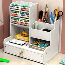 1pc Desktop DIY Pen Holder Storage Box, Multi-Functional Office Supplies Stationery Box, Large Capacity Student Wood-Plastic Pen Rack Organizer - White - View 4