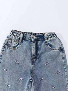 Celana Jeans Bordir Pita Gaya Kasual untuk Remaja Perempuan - Biru - View 4