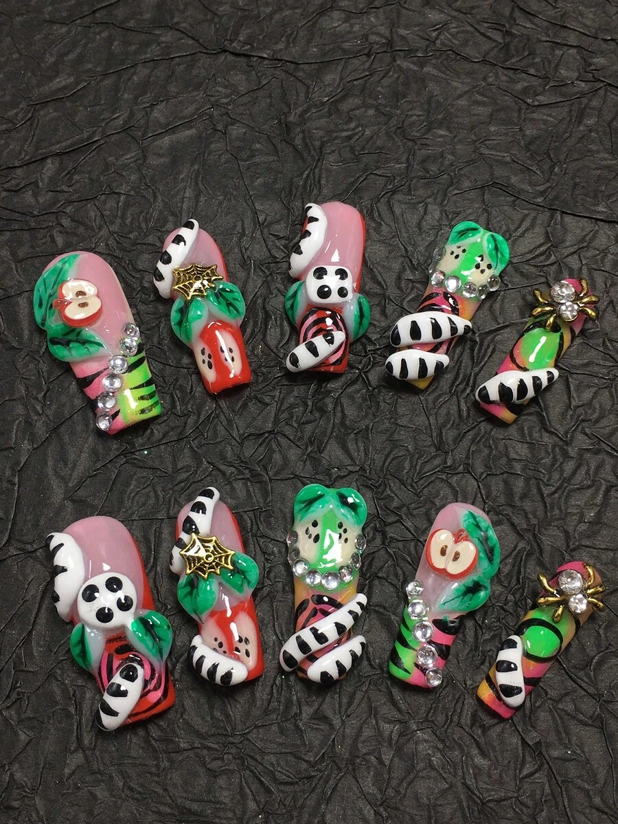 10-Piece 3.3cm Square Hand-Pulled Pressed Nail Stickers. Pure Handcrafted Zebra Pattern Curl. Apple, Metal Spider, Transparent Diamond Design Nail Care Products. Can Be Given As A Gift To Your Girlfriend As A Set Of Nail Tools. - Multicolor - View 1