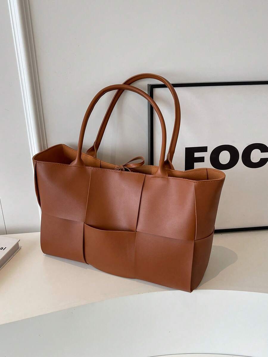 Dedoo Women's Tote Bag, Woven Plaid Design, Solid Color Glossy Leather, Long Handle, Open Top, Large Capacity, Minimalist Commuter Travel Bag, Suitable For All Seasons - Rust - View 1