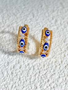 6pcs/Set European & American Niche Vintage Style Gold-Plated Water Drop Zirconia Metal Bead Evil Eye Multi-Style Combination Earrings For Women Music Festival Party Street Fashion - Multicolor - View 5