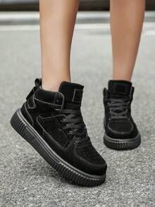 Scarpe da skate da donna retrò nere con lacci anteriori, patchwork, suola piatta, alte, minimaliste, comode, versatili per uso esterno, escursionismo, campus, scarpe sportive da coppia - nero - Visualizzare 9