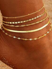 5pcs/Set Gold Multi-Layer Bohemian Style Snake Chain & Chain Anklet Bracelet Set, Adjustable Summer Beach Jewelry - Anklet Set - View 9