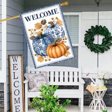 1 Decorative Flag With Blue And White Pumpkin Theme, Suitable For Autumn Use, Size 12*18 Inches. This Double-Sided Garden Flag Is Perfect For Yard Decor And Outdoor Use, Sold As Flag Only. - Garden Flag - View 6
