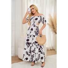 Oyyn Elegant High Waist Floral Print Maxi Dress With Full Hem For Parties, Women's Clothing 2024, Chic And Sexy Off Shoulder Maxi Dresses Size S - 黑色 - 查看 5