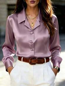 Women's Elegant Purple Collared Long Sleeve Button-Up Shirt, Woven Fabric Regular Fit, Suitable For Casual Or Office Wear - Lilac Purple - View 4