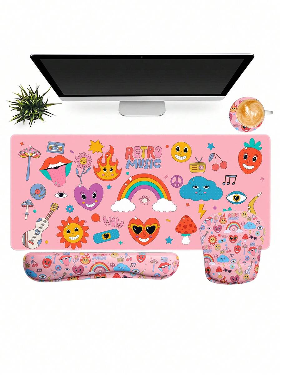 Retro Doodle Desk Mat Set - Large Pink Aesthetic Gaming Mouse Pad With Keyboard & Mouse Wrist Rest, Non-Slip Waterproof Extended Desk Pad With Cute 70s 80s Stickers, Rainbow & Music Design For Teen Girls & Gamers - View 1
