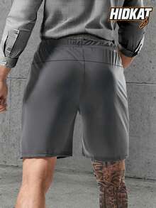 Pantalones cortos de verano para hombres, de nailon transpirable y alta elasticidad, con cordón, cremallera, bolsillos con estampado reflectante, estilo casual, unicolor, ajuste regular para deportes - Gris - Ver 3