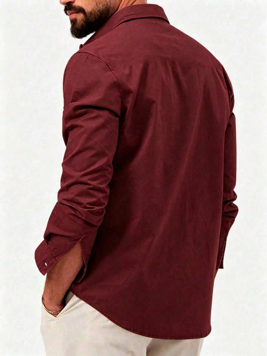 Camisa de manga larga casual de negocios color caqui para hombres, camisa de botones de manga larga de unicolor y versátil - Burdeos - Ver 1