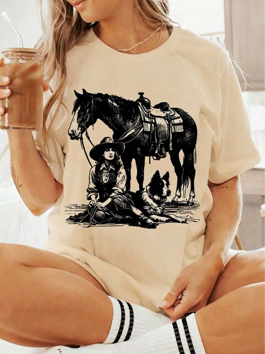Women's Printed T-Shirt, 100% Cotton, Vintage Western Style With Cowgirl, Horse And Dog Print, Retro Country Style, Round Neck, Short Sleeve, Casual Summer. - 杏色 - 查看 1