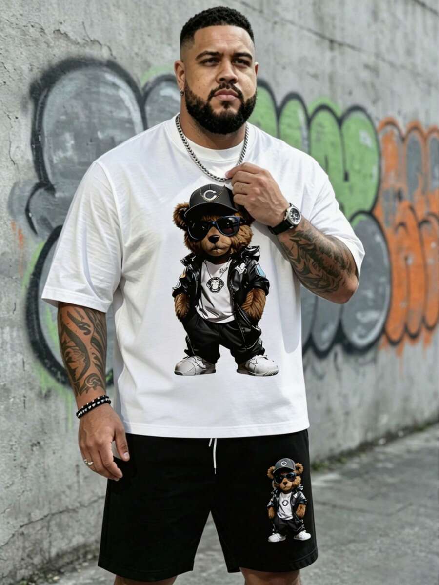 Men's Streetwear Casual Series " Leather Bear" Pattern Design Tracksuit - Polyester Knit Fabric, Round Neck Design, Drawstring Shorts, Pocket Details, Regular Fit, Suitable For Plus Size - Multicolor - View 1