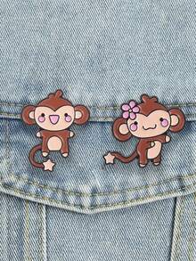 2pcs Cartoon Cute Q-Version Couple Monkey Enamel Brooches, Fun Pink Blush & Star Tail Design Badges, Fashion Clothing & Backpack Accessories, Best Gift For Cute Animal Lovers - Multicolor - View 5