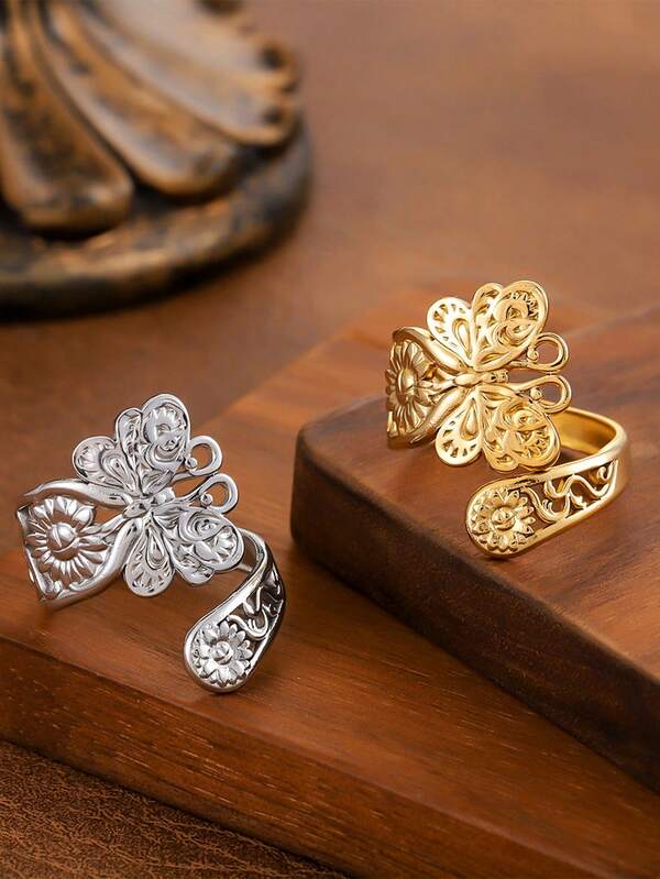 1pc Exquisite Elegant Minimalist Versatile Vintage Style New Chinese Hollow Butterfly Ring, Suitable For Women's Daily Wear, Holiday, Vacation Accessory, Gift For Family And Friends
