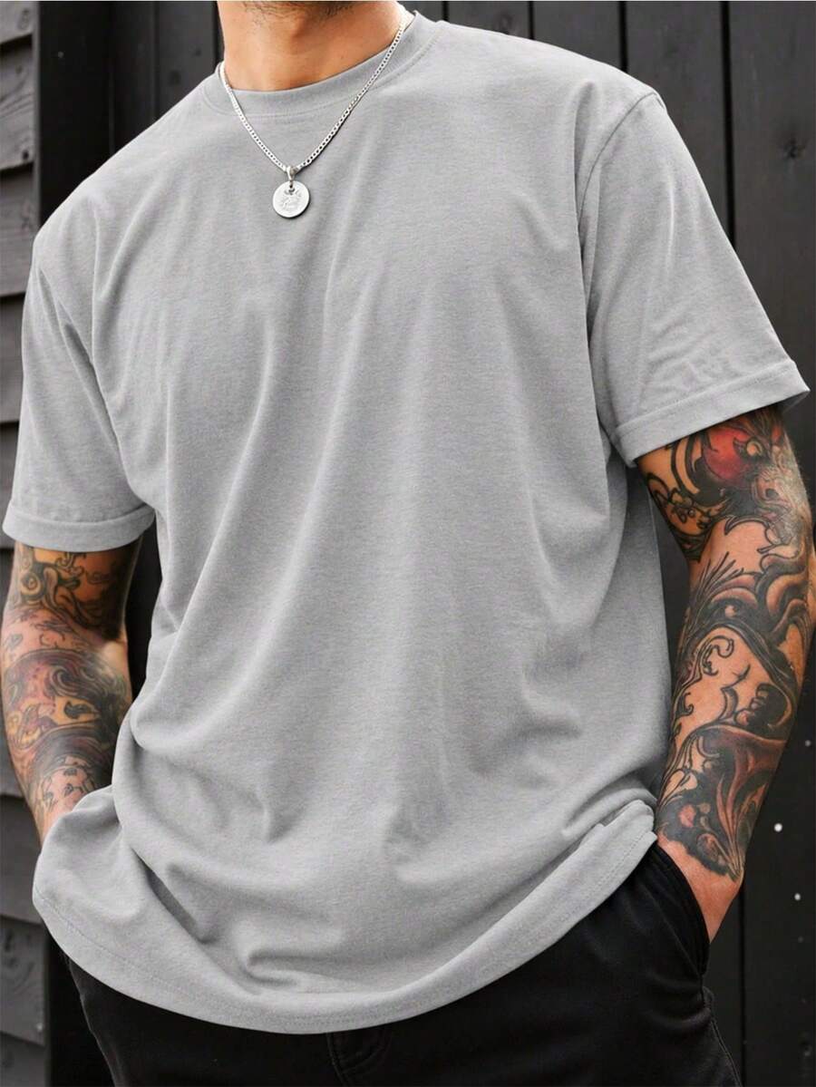 NEOREFINED Men's Casual Solid Color Round Neck Short Sleeve T-Shirt For Summer - 淺灰色 - 查看 1