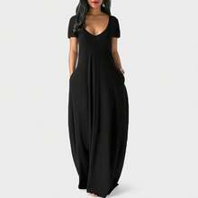 Nueva ropa de verano para mujer, estilo europeo y americano, vestido de color sólido, sexy, con escote en V profundo, manga corta y largo. - Gris - Ver 8