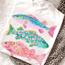 Preppy Cute Glitter Leopard Pattern Fish Graphic Tee, Y2K Aesthetic Coastal Fishing Harajuku T-Shirt For  Girls, Summer Relaxed Fit Clothes - 白色 - 查看 4