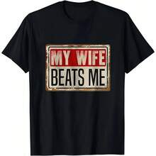 Short-Sleeved Cotton T-Shirt, Funny T-Shirt With The Phrase "My Wife Hits Me", Husband T-Shirts With The American Flag, Men's T-Shirt. - 黑色 - 查看 1
